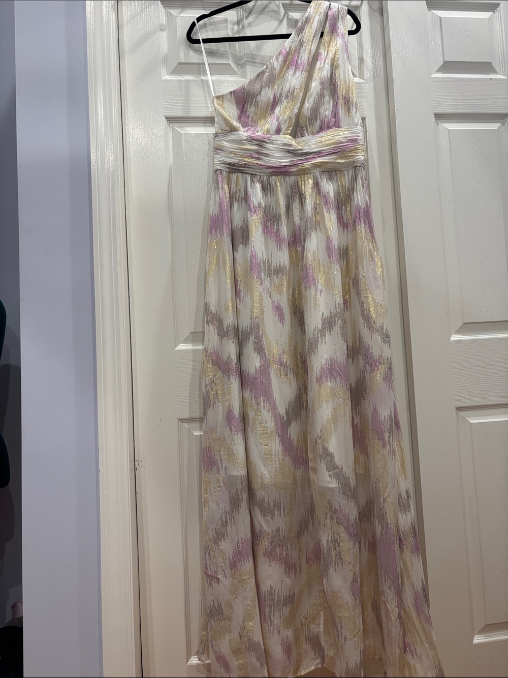 BCBGMaxAzria One-Shoulder Maxi Dress in White, Pink, Gold
